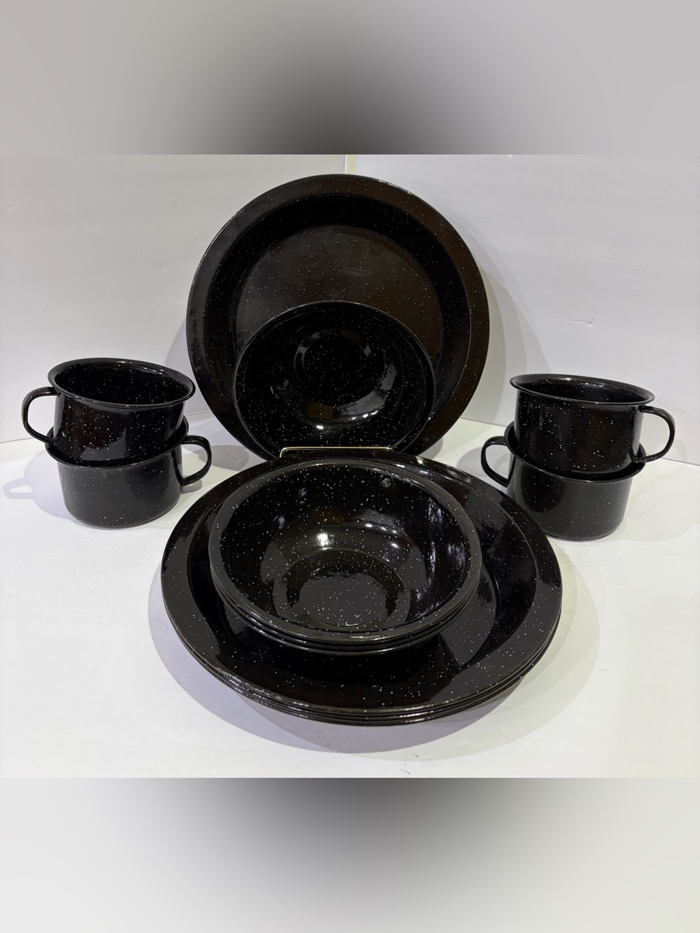 12 PC Black Speckled Enamel Camping Dinnerware